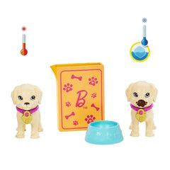 Barbie Pup Adoption toy accessories set including bed, leash, and mealtime pieces.