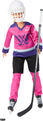 Barbie PWHL doll in pink, purple, teal jersey inspiring creative team play.