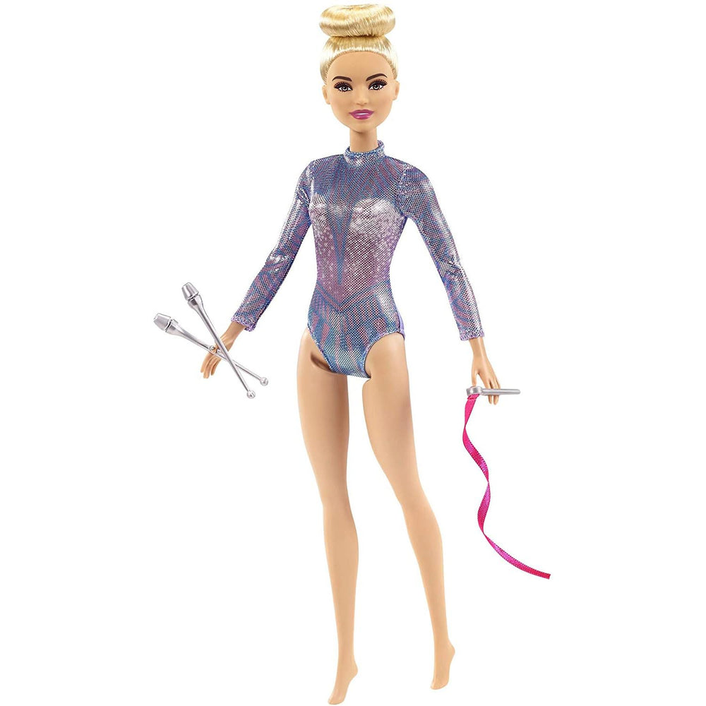 Barbie rhythmic gymnast doll wearing a vibrant metallic leotard for dynamic pretend routines.