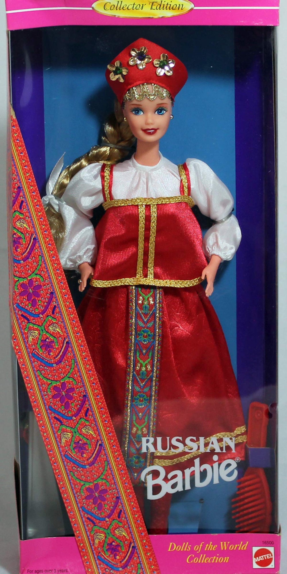 Barbie Russian Doll 1996 full costume displays authentic traditional attire for display.