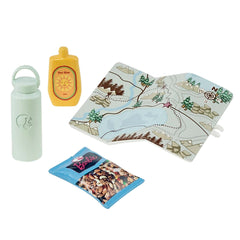 Barbie self-care doll hiking accessories including water bottle and flashlight for role-play.