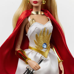 Barbie She-Ra satiny white dress close-up emphasizes premium fabric finish.