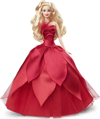 Barbie Signature 2022 Holiday Doll in red poinsettia gown, ideal for display and gifting