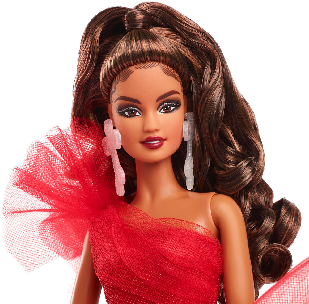 Barbie Signature 2024 Holiday Doll with draping one-shoulder red bodice and sparkle