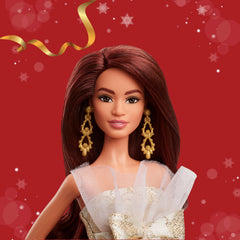 Barbie Signature 2025 Holiday damask-print gown close-up showcasing shimmering fabric for collectors.