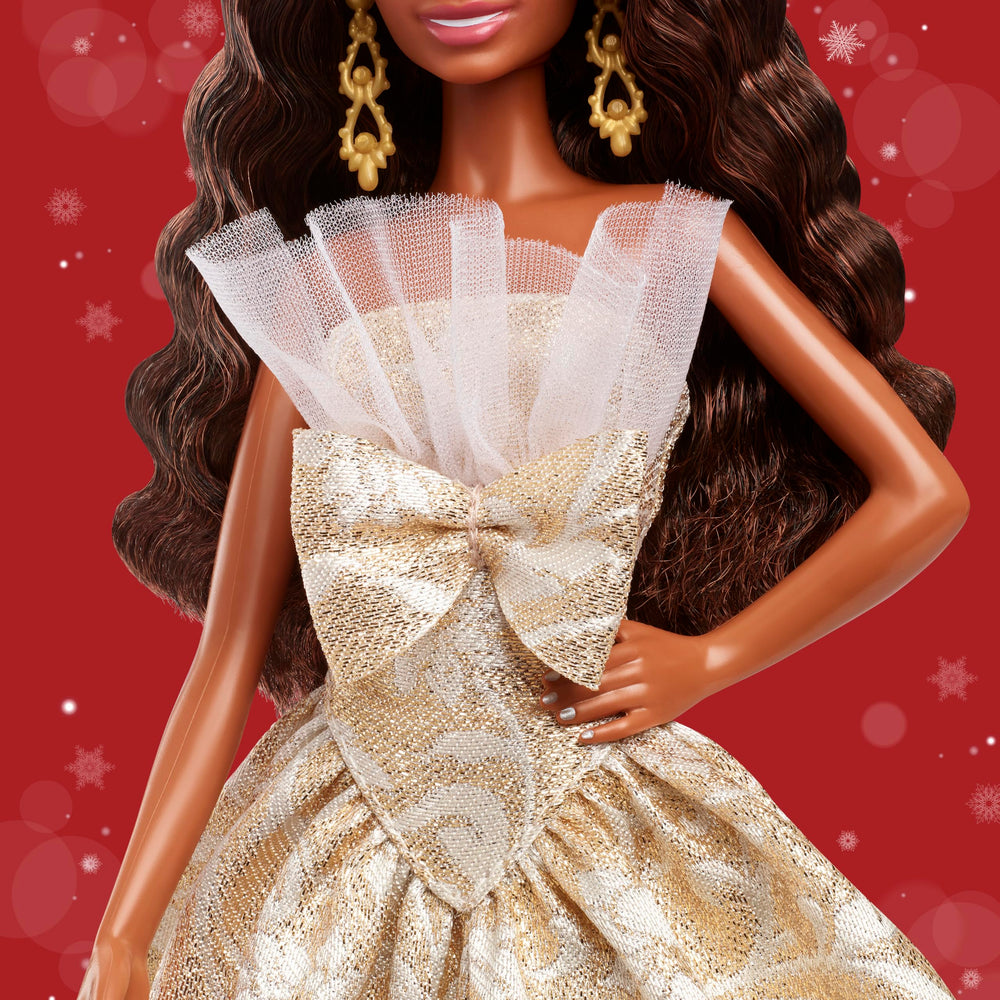 Barbie Signature 2025 Holiday damask-print skirt detail showcases shimmer.