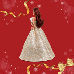 Barbie Signature 2025 Holiday doll with display stand for safe posing.
