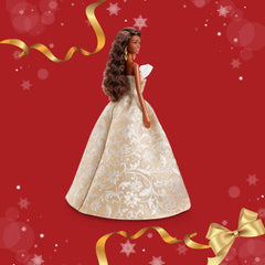 Barbie Signature 2025 Holiday pearlized gold heels complete the look.