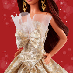 Barbie Signature 2025 Holiday strapless gown with ruffle collar for elegant seasonal photos.