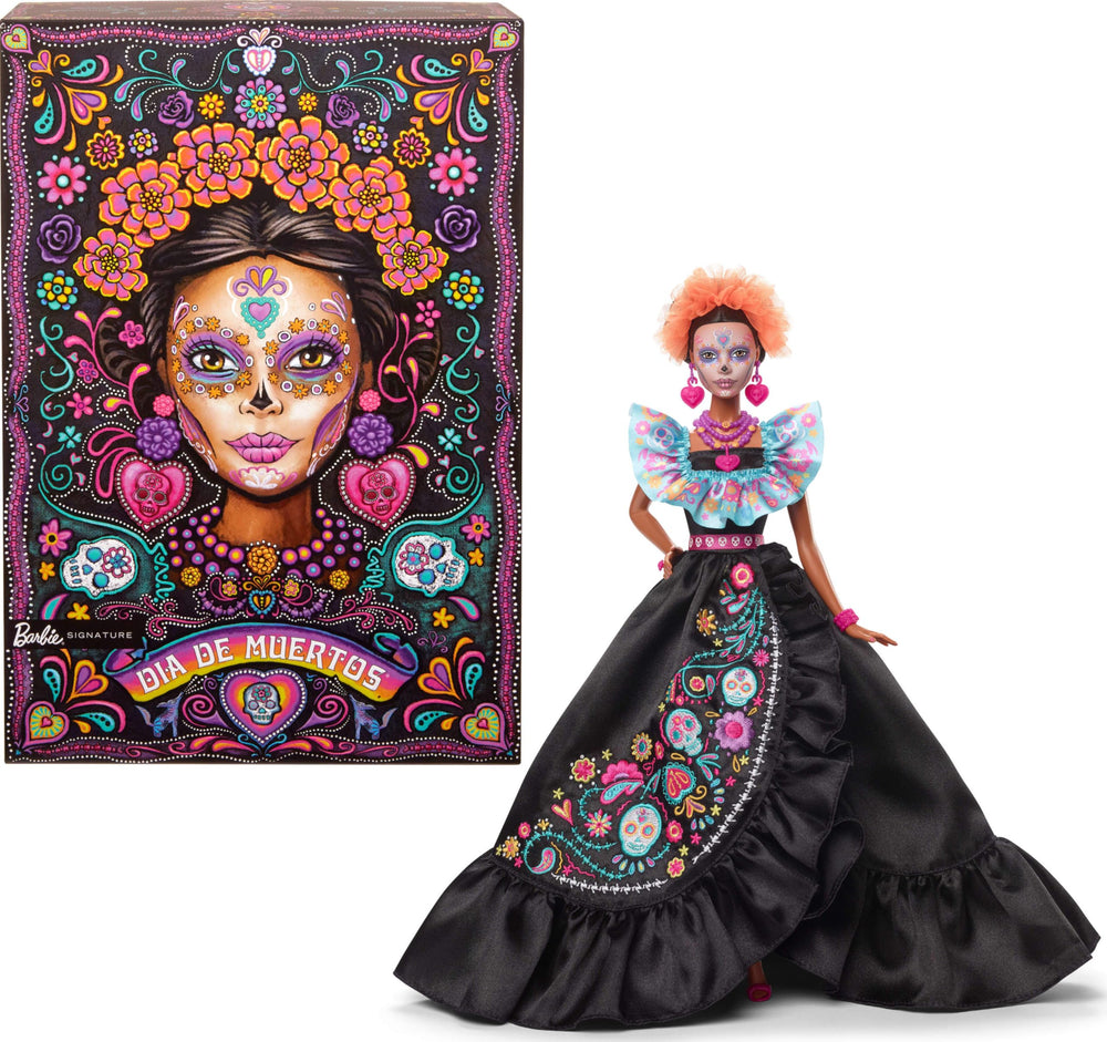 Barbie Signature Dia de Muertos doll in black dress with blue ruffle top, ideal for display.