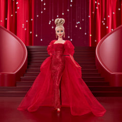Barbie Signature 80th anniversary look with red carpet gown enhances display in shelves.