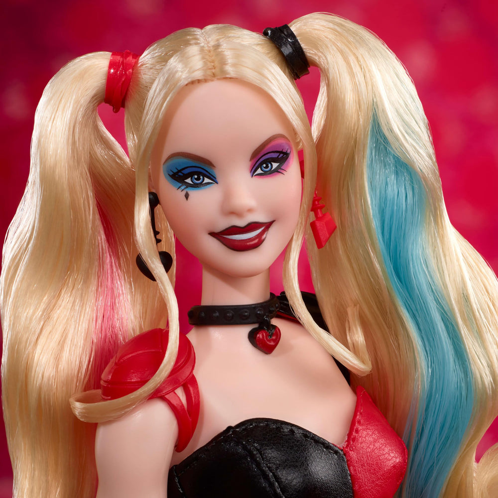Barbie Harley Quinn poseable figure with mallet accessory enables dynamic shelf storytelling