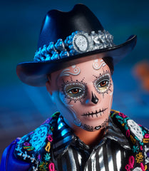 Ken wears sugar skull hat with calavera face paint, capturing festive detail.