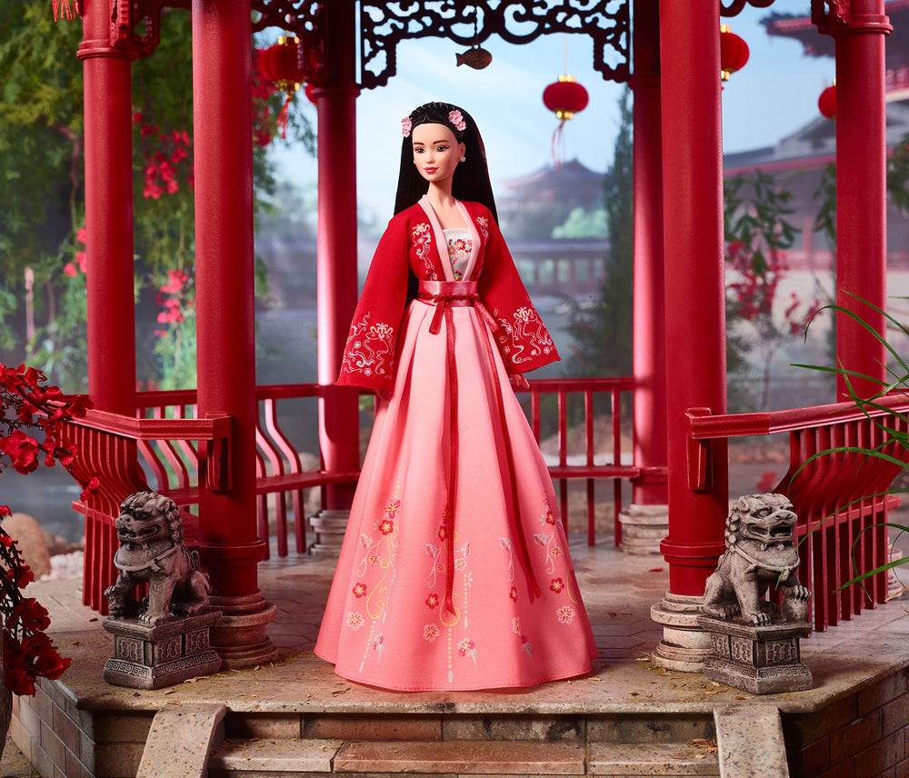 Barbie Signature Lunar New Year Doll with braided crown hair and pearl earrings, perfect for elegant collection styling.