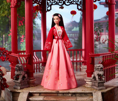 Barbie Signature Lunar New Year Doll with braided crown hair and pearl earrings, perfect for elegant collection styling.