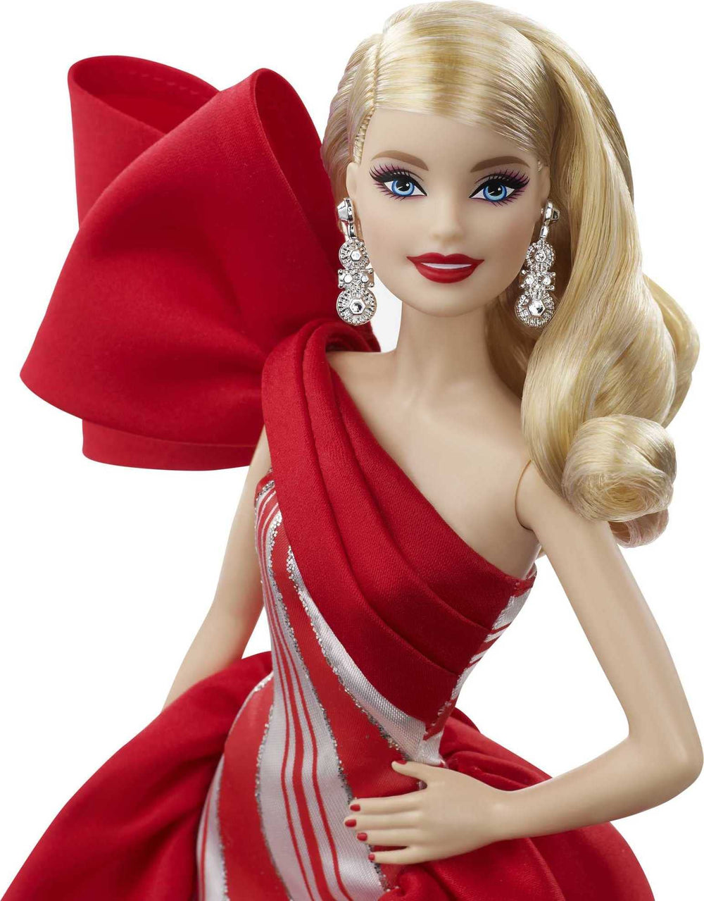 Barbie silvery chandelier earrings complement the gown for festive styling