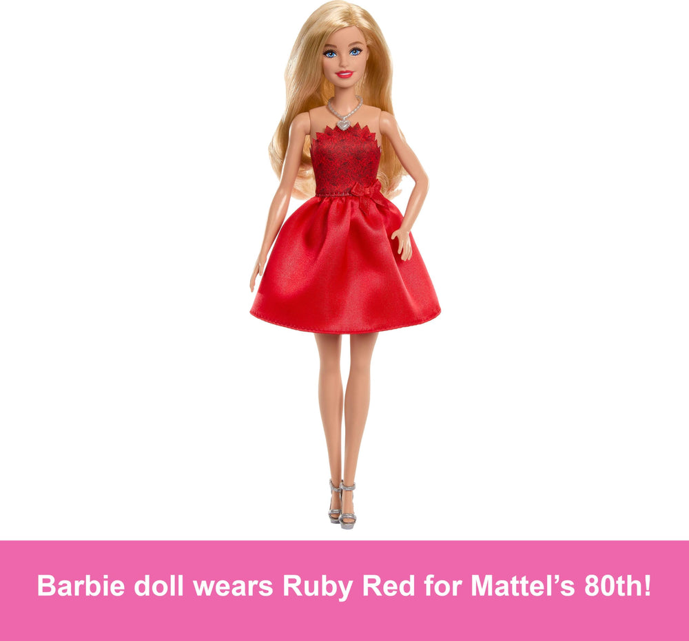 Barbie's silvery heeled sandals completing the festive red ensemble.