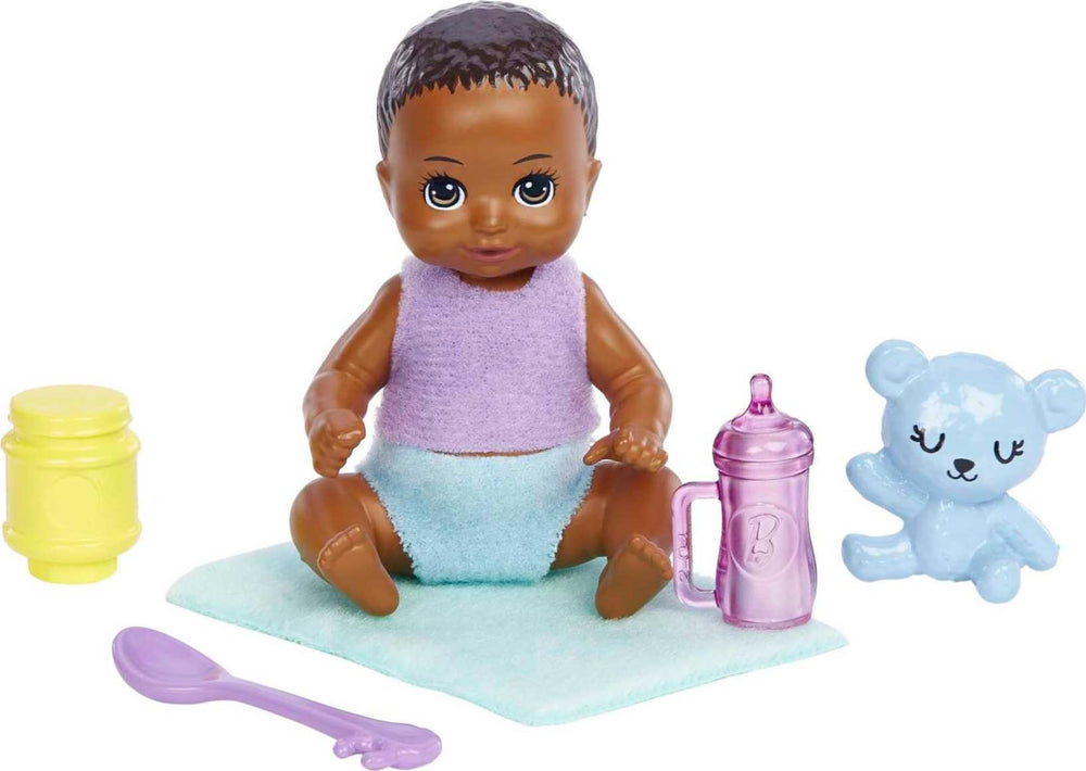 Barbie Skipper teddy bear and blanket for comforting play moments.