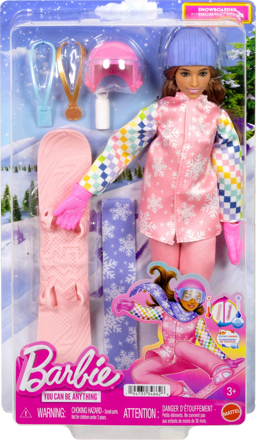 Barbie Careers Snowboarder doll accessories collection enhances pretend on-slope storytelling.