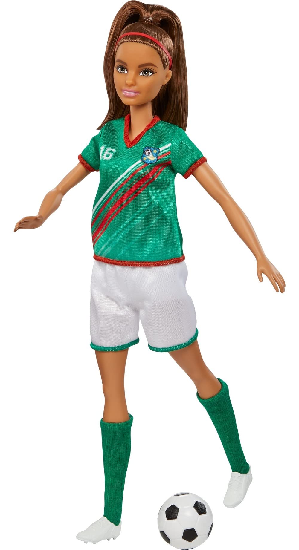 Barbie soccer doll tall green socks for a bold on-field look