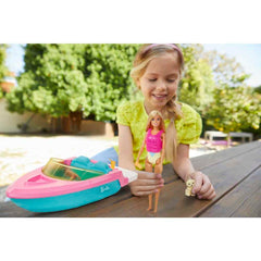 Barbie speedboat floats on water for safe, pretend cruises during bath time.