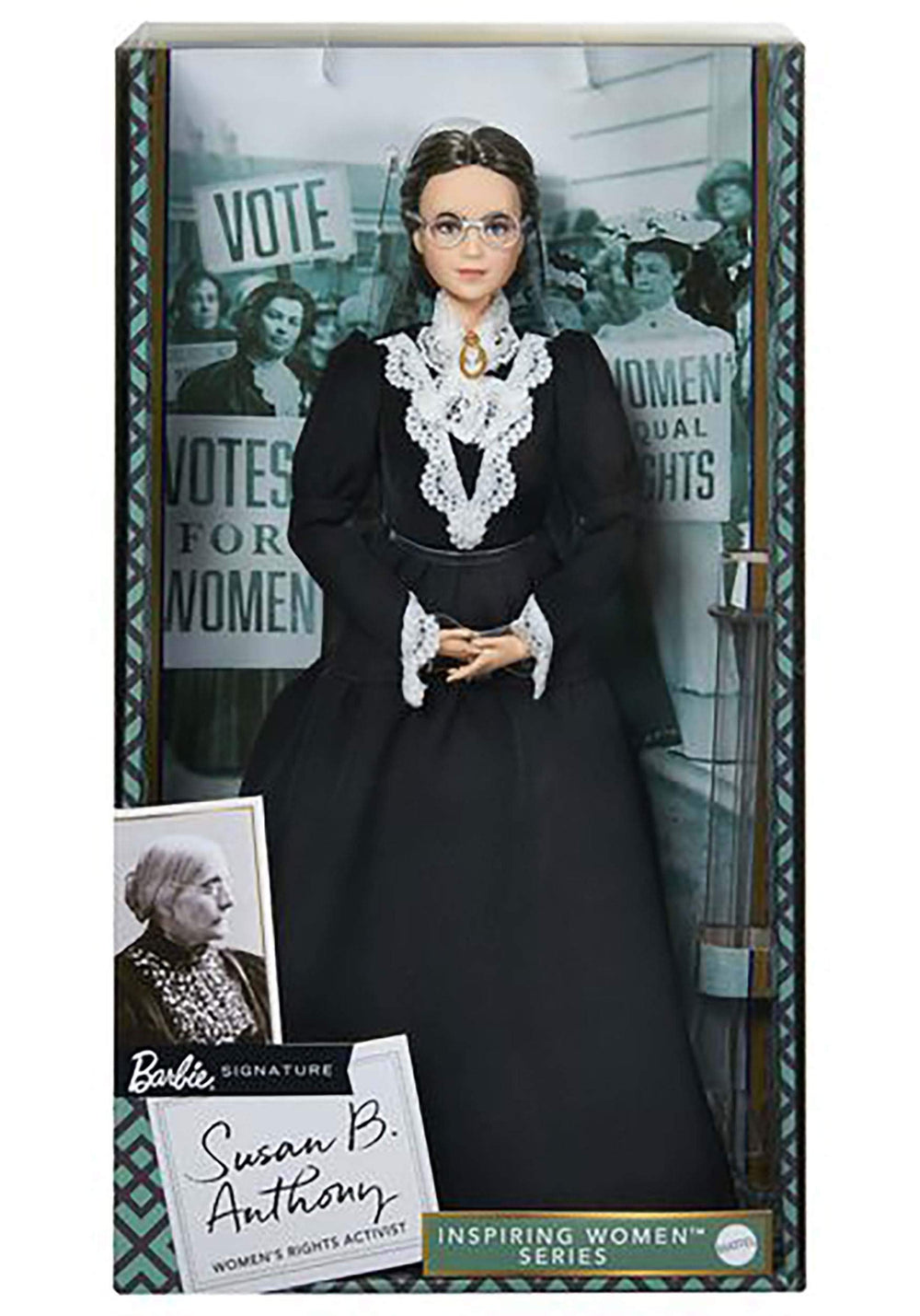 Barbie Susan B. Anthony doll with spectacles and lace collar shows historical style for display.