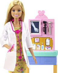 Barbie teddy bear companion for comfort during pretend exams.