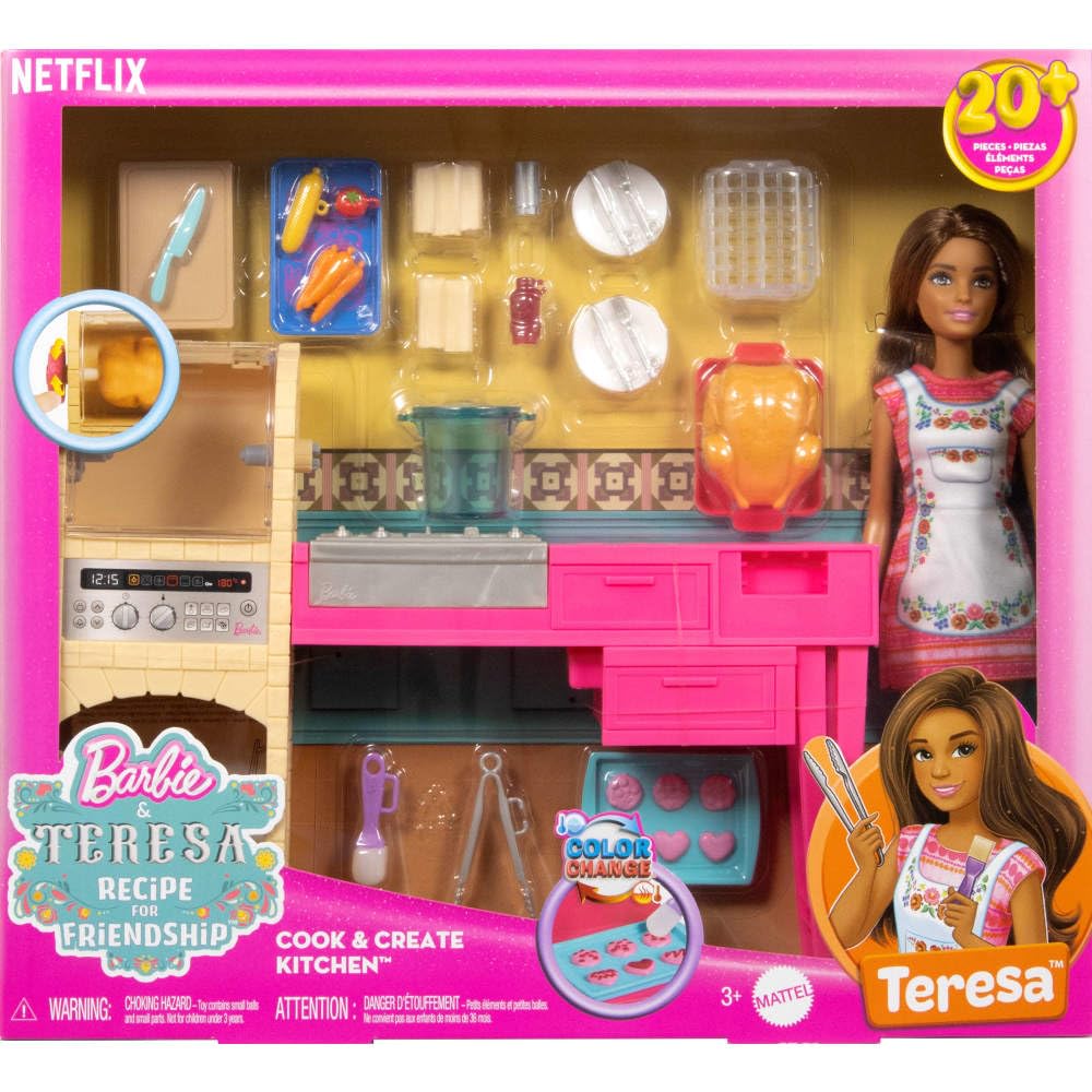 Barbie Teresa chicken and rotisserie oven spin for dynamic pretend cooking.