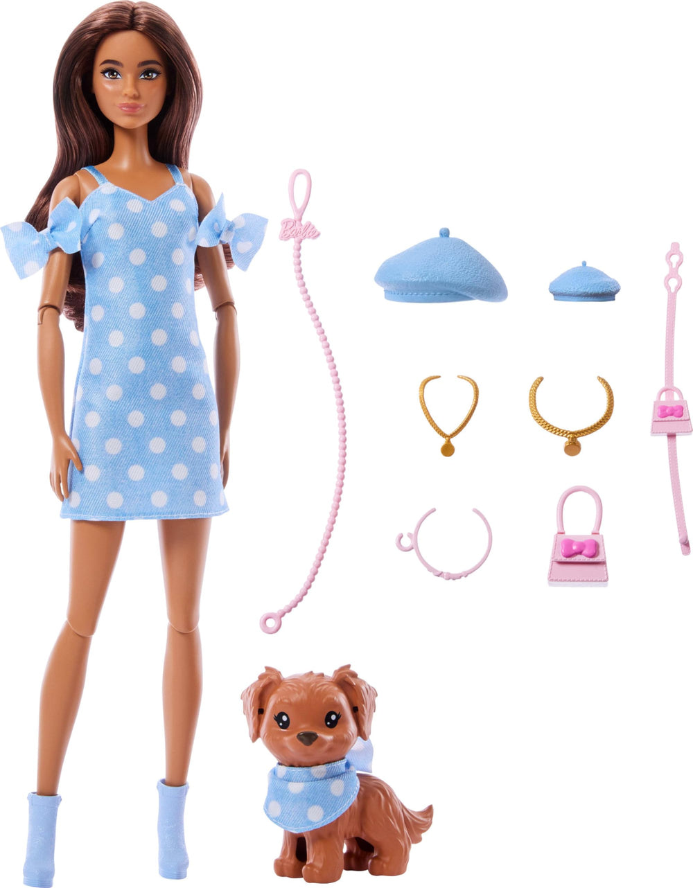 Barbie Twinning Looks doll and dog in matching blue polka dots for imaginative play.