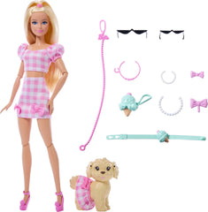 Barbie Twinning Looks doll and pet dog in matching pink gingham outfit for coordinated playtime