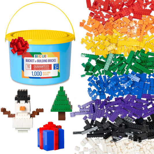 Barcaloo 1000-piece bricks in a bright tub for open-ended play