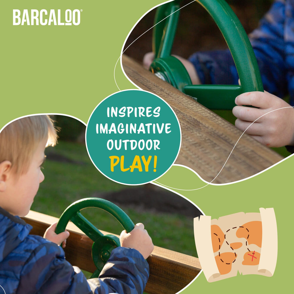 Barcaloo steering wheel installed on a wooden playset panel during family playtime.
