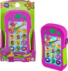 Barney's Hey Barney Phone hero image with glowing lights and cheerful toy design boosts imaginative play.