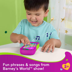 Close-up of Barney's Hey Barney Phone lights to boost exploration.
