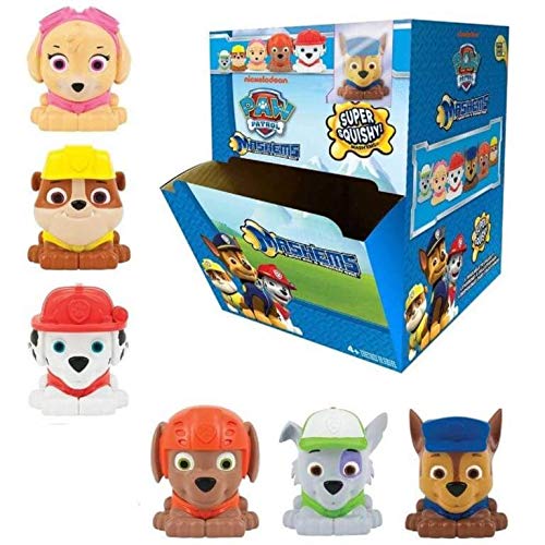 Basic Fun Mash'Ems Paw Patrol 4-pack capsules display squishy collectible figures for tactile play and collection.