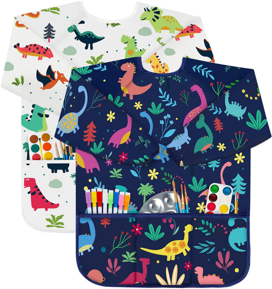 Bassion kids art smock, dinosaur white-blue provides waterproof protection during painting sessions.