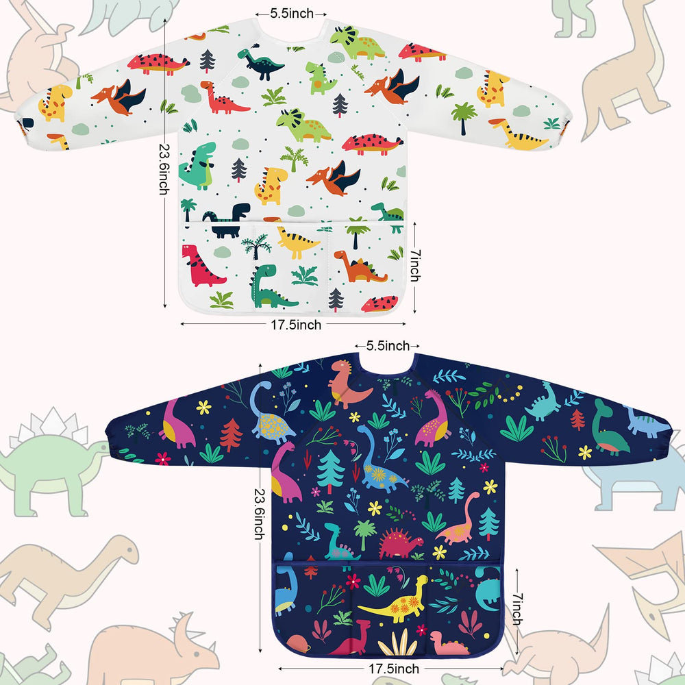 Dinosaur print smock keeps kids clean while exploring colors and creative play.