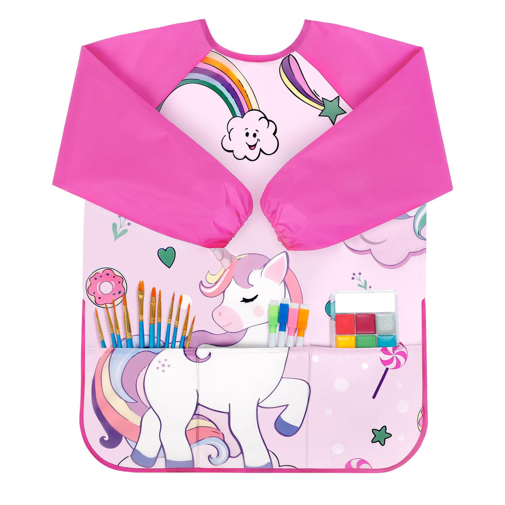 Bassion Kids Art Smock pink long sleeves for mess-free painting.