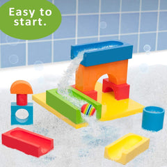 BathBlocks water play with soap suds enhances cling between blocks and smooth walls.