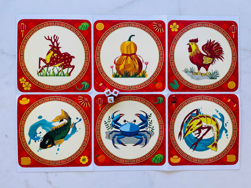 Bau Cua Ca Cop game mat top view with traditional icons for family fun
