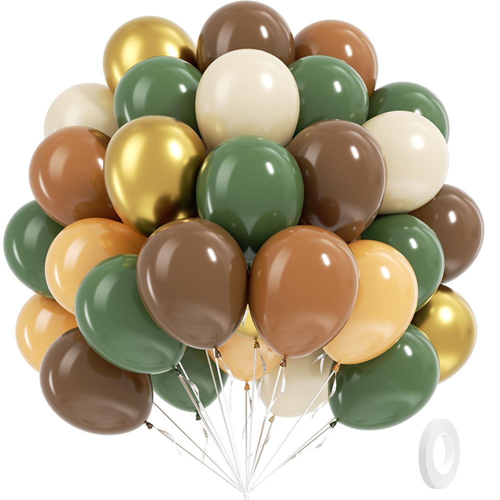 BAUANOOOY safari balloons in sage green and cocoa for a lush jungle backdrop