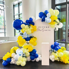 BAUANOOY wedding decor with blue, yellow, and white balloons.