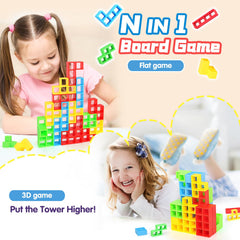 Two players race to stack higher, sharpening focus and teamwork