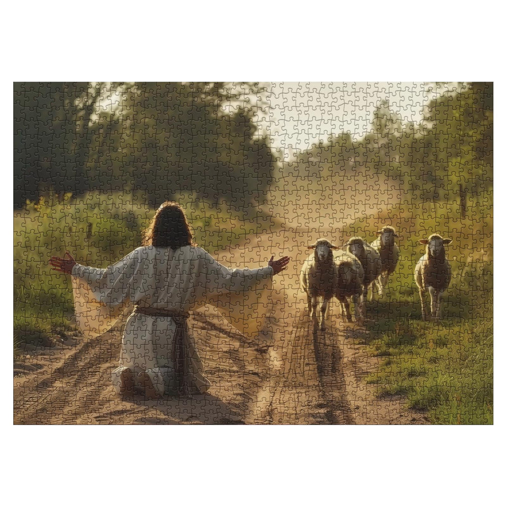 BBOLDIN Jesus with lambs in a forest scene invites peaceful focus.