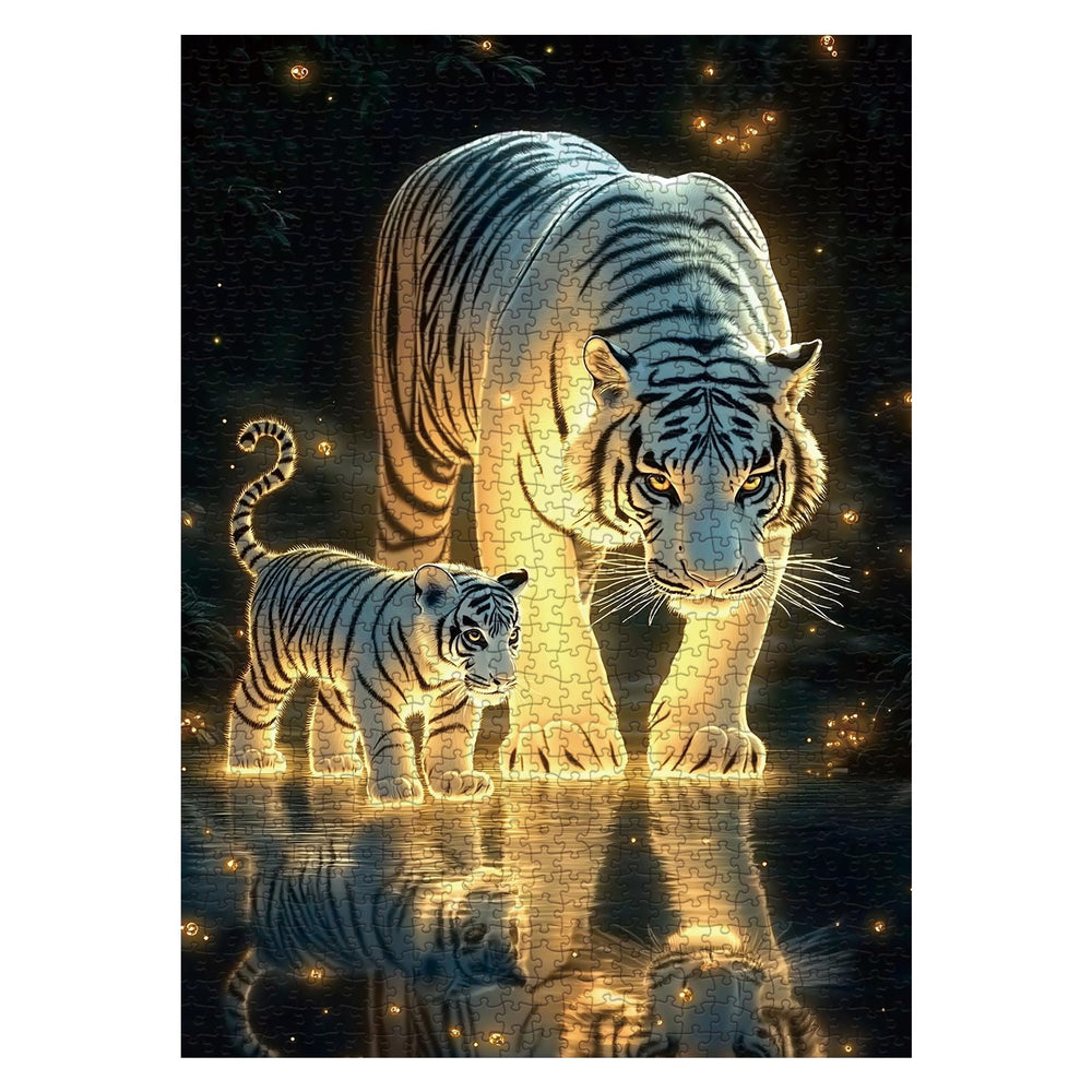 BBOLDIN White Tiger Family Puzzle: fireflies glow with golden light, ideal for cozy decor.