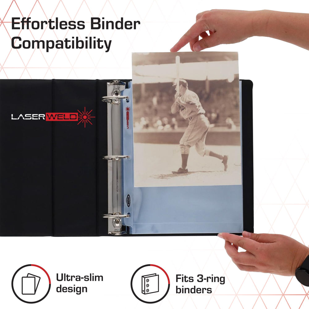 LaserWeld 8x10 pages fit standard binders with a flat, professional look.