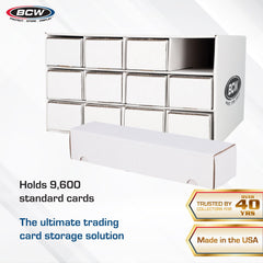 BCW 800ct boxes organized inside the unit for bulk trading card storage.