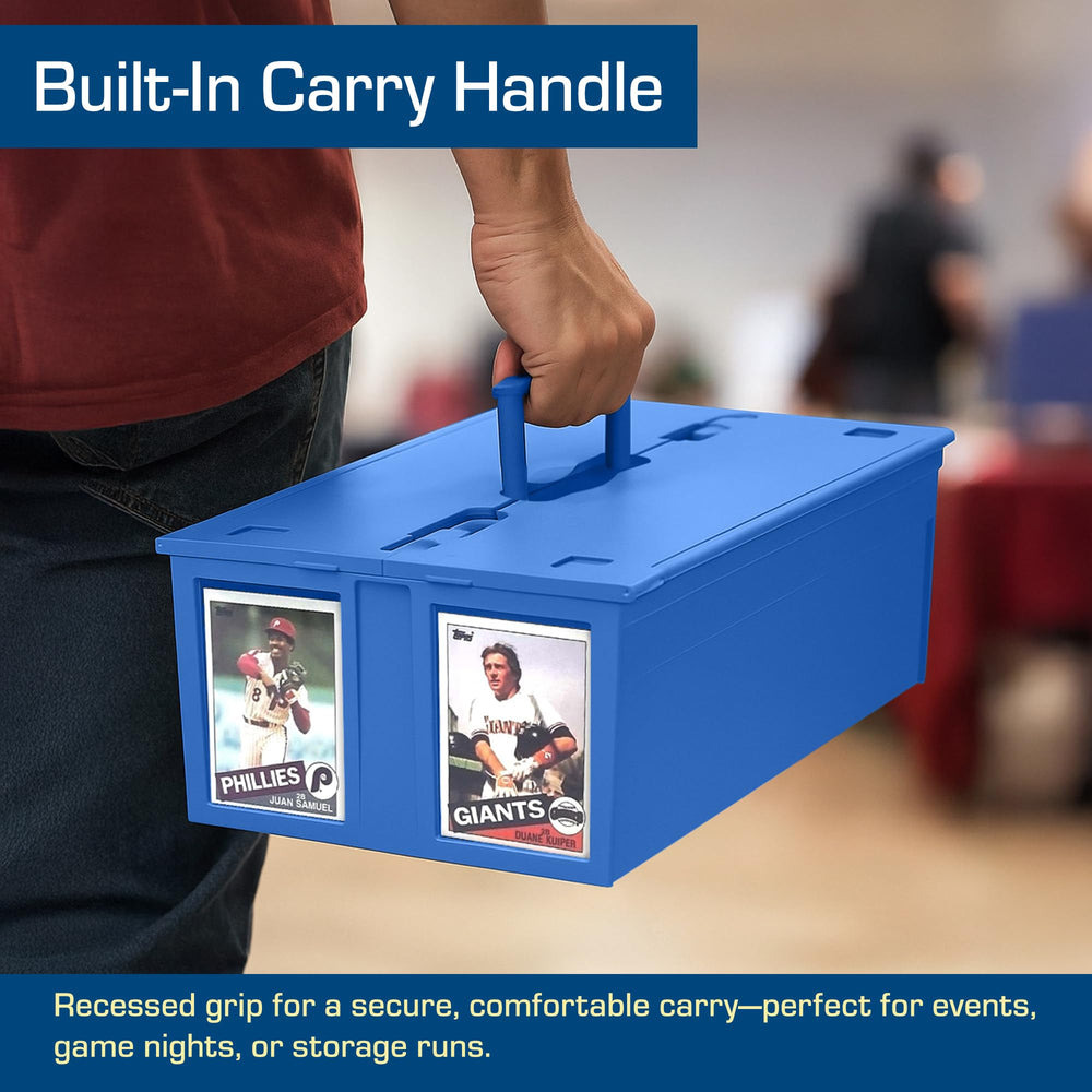 BCW blue portable handle makes transporting cards easy