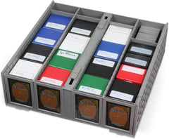 BCW Collectible Card Bin gray two-pack feet interlock with lid below for stability.