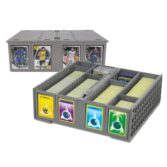 BCW Collectible Card Bin gray two-pack front view emphasizes durable plastic for safe long-term storage.